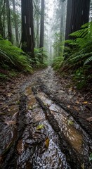 Deeply rutted muddy trail winds through a tall, misty redwood forest
