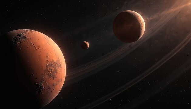 Mars with its two moons Deimos and Phobos. Planets and celestial objects glow in dark cosmos. Rocky surface visible in deep space. Space exploration and planetary science themes.