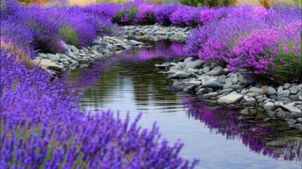 Obraz premium Vibrant Lavender Fields with Rustic Basket and Gentle Breeze