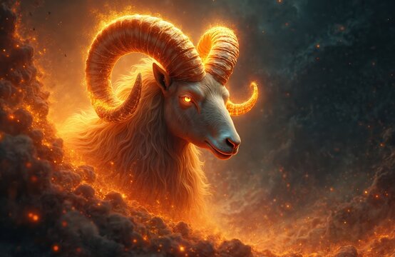 Aries zodiac sign artwork. Ram in spiritual aura. Astrological symbol represented by horned sheep. Horoscope theme. Spiritualism concept. Astrology related art with zodiac animals. Esoteric zodiacal