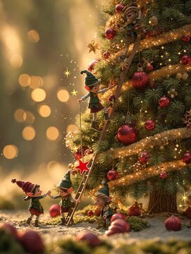 Tres duendes trabajando en un &aacute;rbol de Navidad gigante.