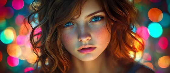 A young Caucasian female with curly red hair and striking blue eyes gazes thoughtfully at the camera. Soft bokeh lights create a dreamy, colorful background.