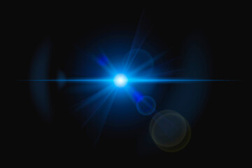Bright blue light flare emanating from a central point with a horizontal beam and circular bokeh effects against a dark background
