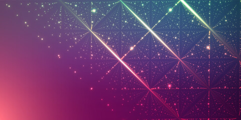 Abstract digital network of glowing geometric lines and particles in a cosmic purple and blue gradient background with bright light flares