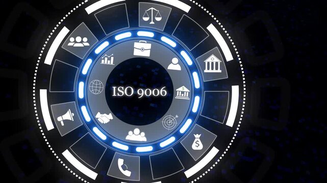 presenting iso 9006 standard certification concept with futuristic graphic user interface. business technology virtual screen background. Motion graphics of ISO 9006 concept.