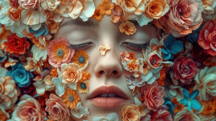 Fototapeta premium Woman's face surrounded by colorful flowers in a creative art display capturing nature and beauty