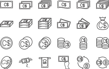 カナダドル通貨のお金の黒の線画アイコンセット