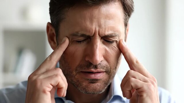 Concerned Man Displays Emotional Distress While Holding temples, Close Up and Focused