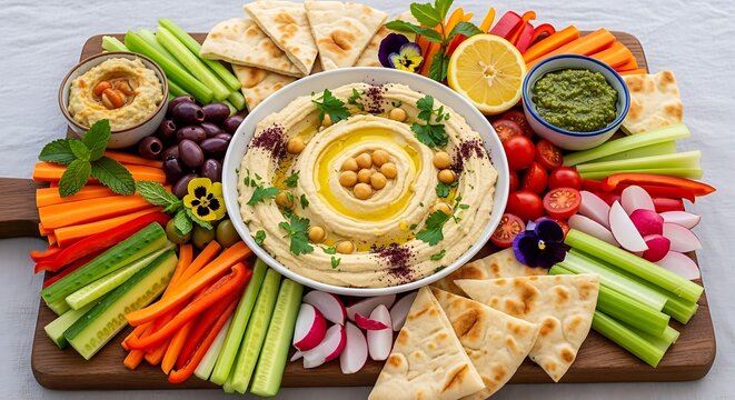 Colorful mediterranean mezze platter with hummus and fresh vegetables - Powered by Adobe