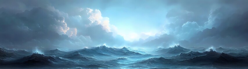 A serene and dramatic seascape featuring rolling ocean waves beneath a cloudy blue sky, invoking a sense of tranquility and awe in the vastness of nature.