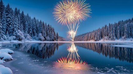 Fireworks burst over a snowy lake, flanked by pine trees and mirrored in the icy water
