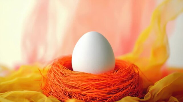 Video A single white egg sits atop a pile of vibrant orange yarn