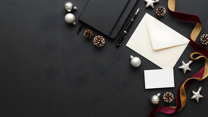 Elegant holiday stationery mockup on dark surface for sophisticated Christmas greetings