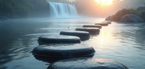 Stepping stones cross calm water. Morning mist covers serene scene. Waterfall flows in background. Golden sunlight shines on river surface. Peaceful nature path offers journey, balance, quiet