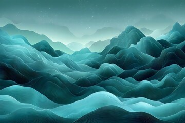 An abstract representation of serene, undulating mountain ranges in calming shades of teal and blue, creating a tranquil and ethereal landscape filled with depth and movement.