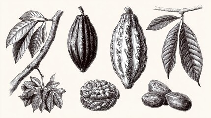 Cocoa Tropical Fruit Template Set With Hand Drawn Sketch of Cocoa Beans and Leaves for Cafe Menu Design and Shop Decoration