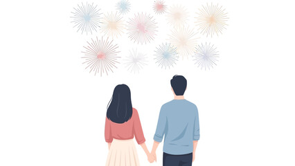 Couple holding hands watching brilliant fireworks celebration in the night sky creates feelings of connection and joy for special events or romantic getaways