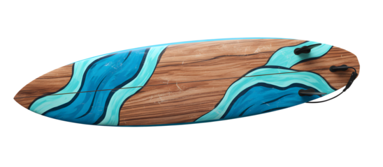 Wooden surfboard with blue wave painting design isolated on transparent background