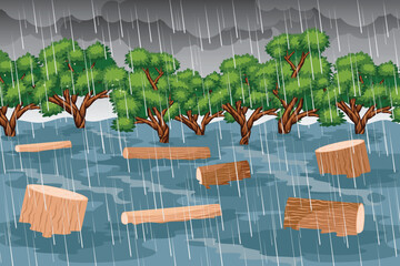 Vector illustration of severe flooding caused by deforestation, showing heavy rain, floating logs, destroyed trees, rising water, and a damaged landscape after illegal logging.