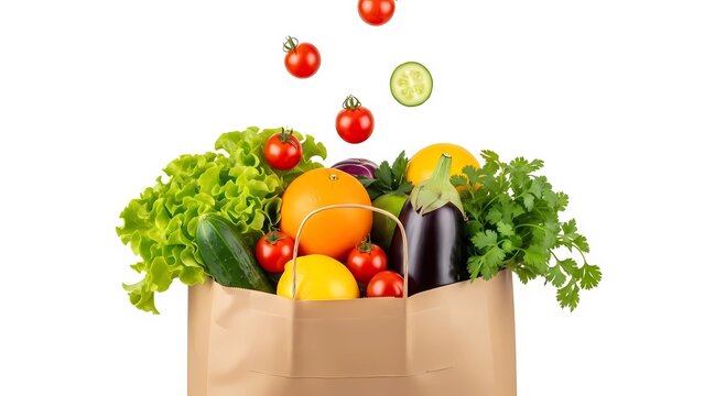 Paper bag filled with fresh produce including lettuce tomatoes and citrus fruits on white background - Powered by Adobe