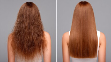 Before and After Treatment Showing Healthy Keratin Hair Compared to Sick and Cropped Hair From a Hair Care Routine