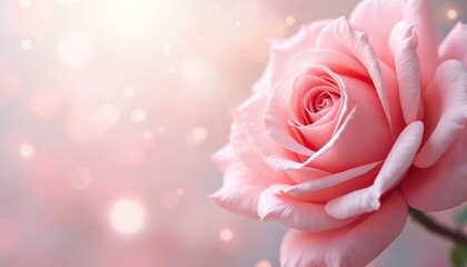 Pink rose blooms with soft petals. Flower shows gentle beauty and romance. Blurred pastel background features light bokeh sparks. Delicate blossom captures peaceful, loving moment for elegant design.