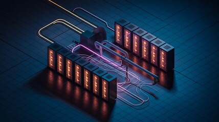 Rows of glowing server racks connected by colorful cables and pipes