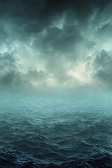 A serene ocean view under a dramatic sky, showcasing a blend of deep blues and greens as waves gently ripple, evoking a sense of calm amid the stormy atmosphere.