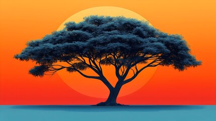 A majestic silhouette of a lone tree against a vibrant gradient sunset, featuring warm hues of orange and blue, creating a serene and tranquil atmosphere.