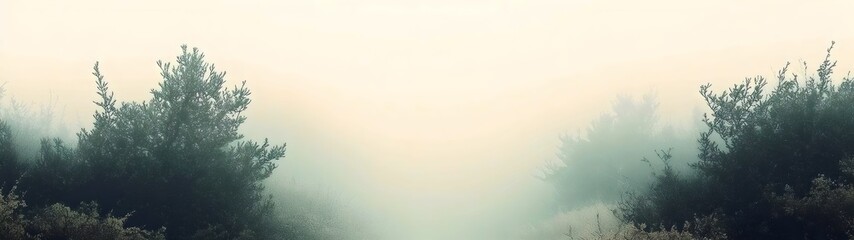 A tranquil foggy landscape featuring dense greenery and mist enveloping the path, creating a serene and mystical atmosphere.