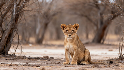Young lion cub in natural habitat