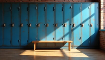 Blue metal lockers stand against brick wall. Simple wooden bench sits on wood floor. Sunlight casts bright shadows from window across locker doors and floor, creating quiet empty room scene.