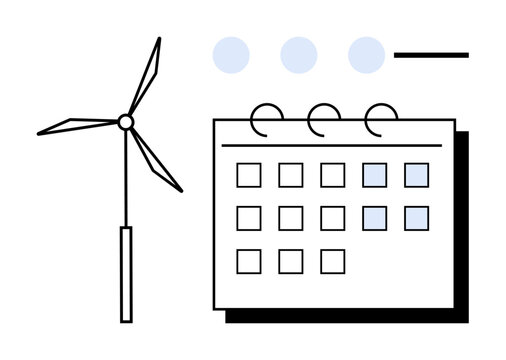 Wind turbine near a grid-marked calendar signifies planning for sustainability, eco-friendly goals, and clean energy. Ideal for renewable energy, scheduling, green initiatives, and eco-consciousness