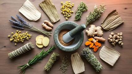 Herbal medicine ingredients with mortar and pestle on wooden background.