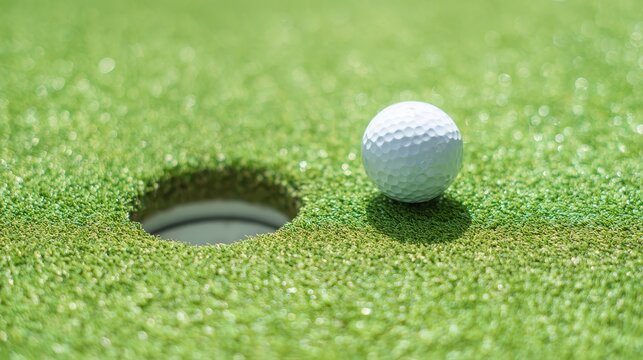 Close-up golf ball near the hole on a bright green putting surface highlighting precision, accuracy, focus, sport, competition, target, balance, the decisive moment of a clean minimal golf putt scene