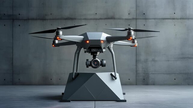 A modern grey drone with a camera gimbal sits on a geometric landing pad against a concrete background.