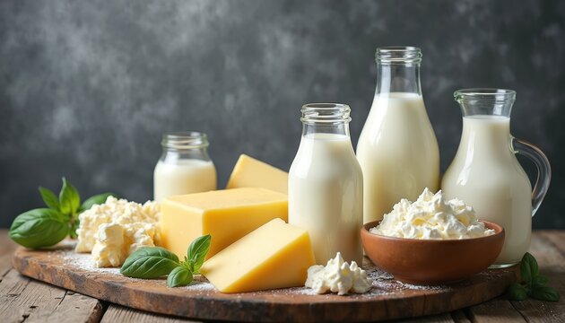 Assortment of dairy products on wooden board includes cheese milk, cottage cheese. Fresh basil leaves add flavor. Healthy food assortment presents nutritious choices. Dairy farm products concept - Powered by Adobe