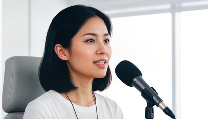 A woman is speaking into a microphone while recording content. She focuses on her words with attention. The setting has good lighting and a simple background.