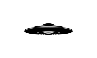 Solid black silhouette of a classic UFO with strong circular contours and a domed cockpit, designed in simple vector style.