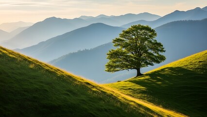 A solitary tree standing on a grassy hillside with mountains in the background under a clear sky day