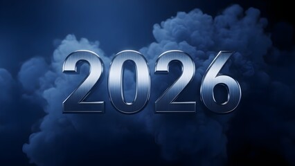 Metallic year two thousand and twenty six against a dark cloudy blue background with soft lighting