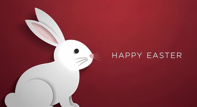 A white paper bunny on a red background with happy easter text in white color and minimalist design style