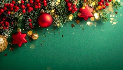 Stunning vibrant holiday border featuring glittering gold ornaments and red berries over rich festive green background space