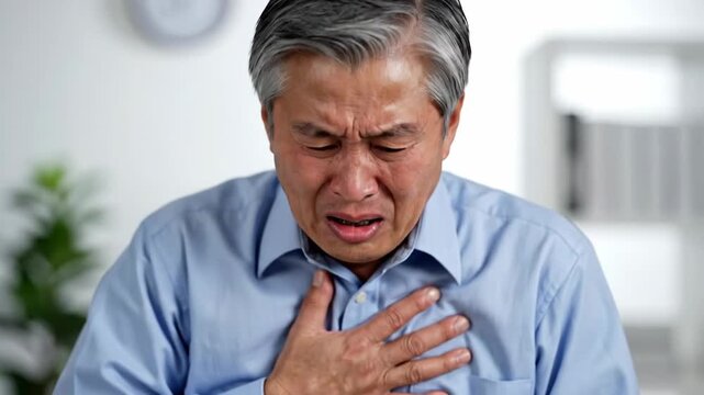 Elderly Asian Man Experiencing Chest Pain And Discomfort, Health Concern Close Up