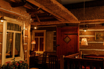 An authentic restaurant in a historic European city. Traditional Lithuanian dishes and a cup of coffee in a  old restaurant. Traditional Belarusian potato dishes. June 1, 2025, Vilnius, Lithuania