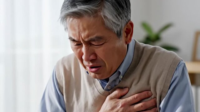 Elderly Asian Man Experiencing Chest Pain and Distress in a Home Setting