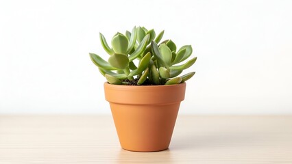 Fototapeta premium A vibrant green succulent plant in a terracotta pot sits atop a light-colored wooden surface