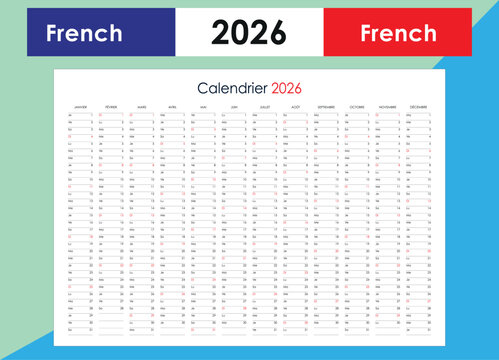 Year 2026 Planner in French Language. Annual Schedule Organizer.