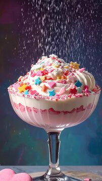 A dessert parfait, adorned with colorful sprinkles and star-shaped candies, drizzled with sweet topping