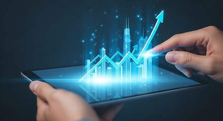 Hands holding tablet displaying holographic stock market growth chart and arrow